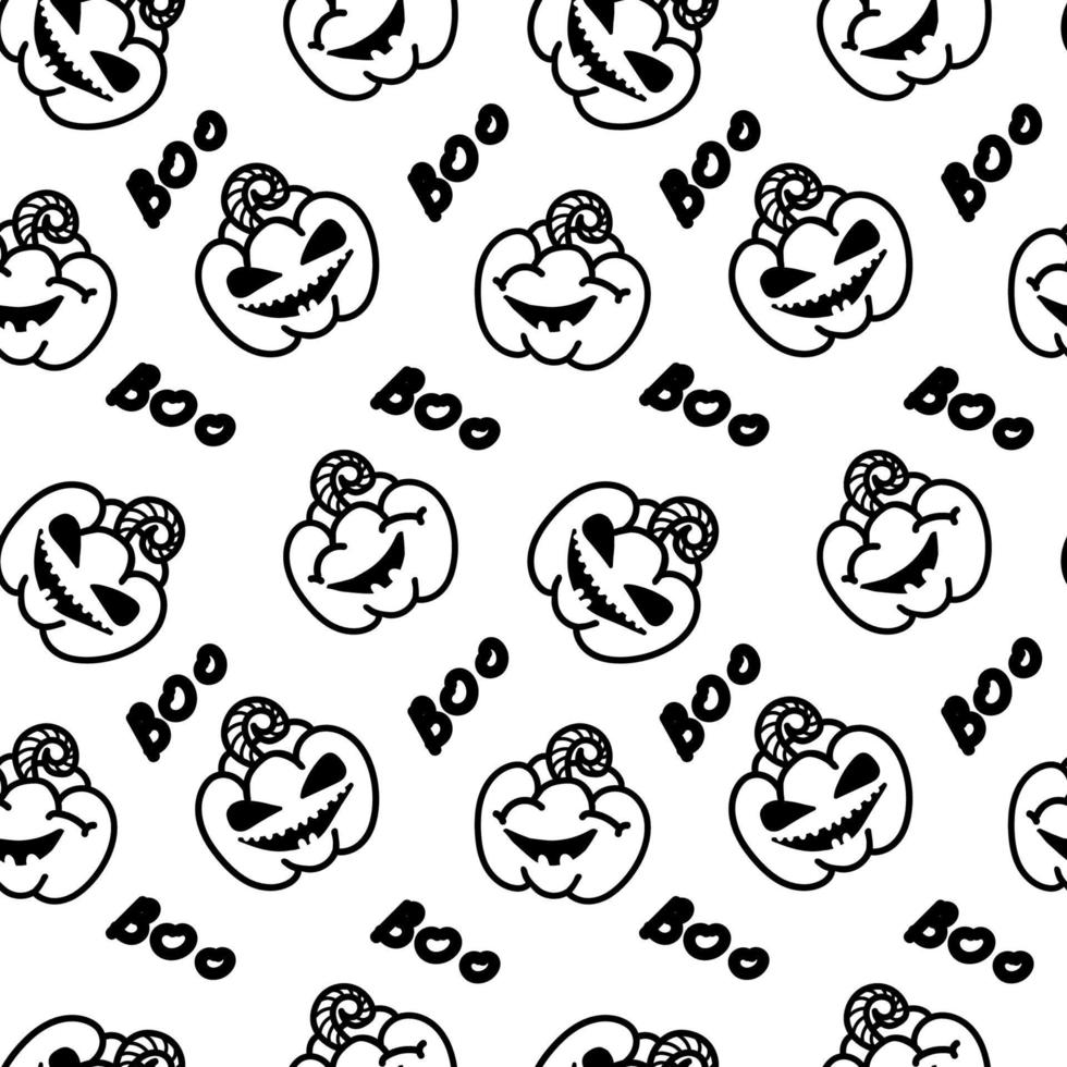 Seamless pumpkin pattern and hand-drawn, doodle-style elements. Laughing faces and the word boo. Halloween. Autumn. Holiday pattern on white background vector