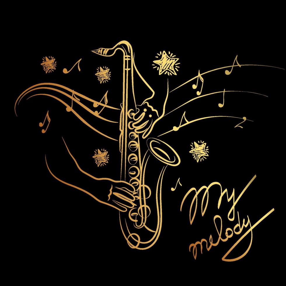 A set of musical elements for a jazz look. Inspirational saxophone playing, hand-drawn doodle. Flying notes and stars. Music. Hand-drawn doodle, my melody. Inspiration. Isolated vector illustration