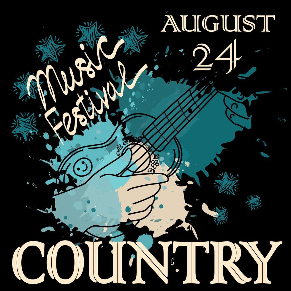 Country music festival poster template. Inspirational guitar concept, hand-drawn doodle. Small guitar. Music. Abstract Stains and Rice Inspiration. Fingering with fingers vector