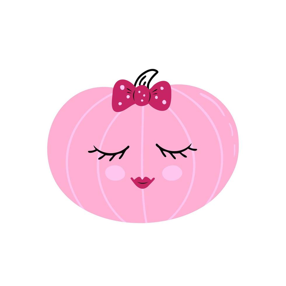 Cute pink pumpkin with eyes and hair bow. Illustration for backgrounds, covers and packaging. Image can be used for greeting cards, posters, stickers and textile. Isolated on white background. vector