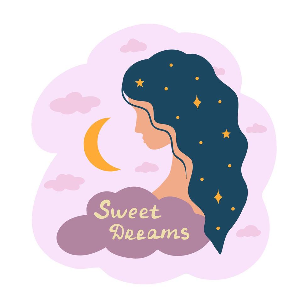 noche de chicas, el cabello es cielo estrellado, letras de dulces sueños. ilustración para fondos, portadas y empaques. la imagen se puede utilizar para tarjetas de felicitación, afiches y textiles. aislado sobre fondo blanco. vector