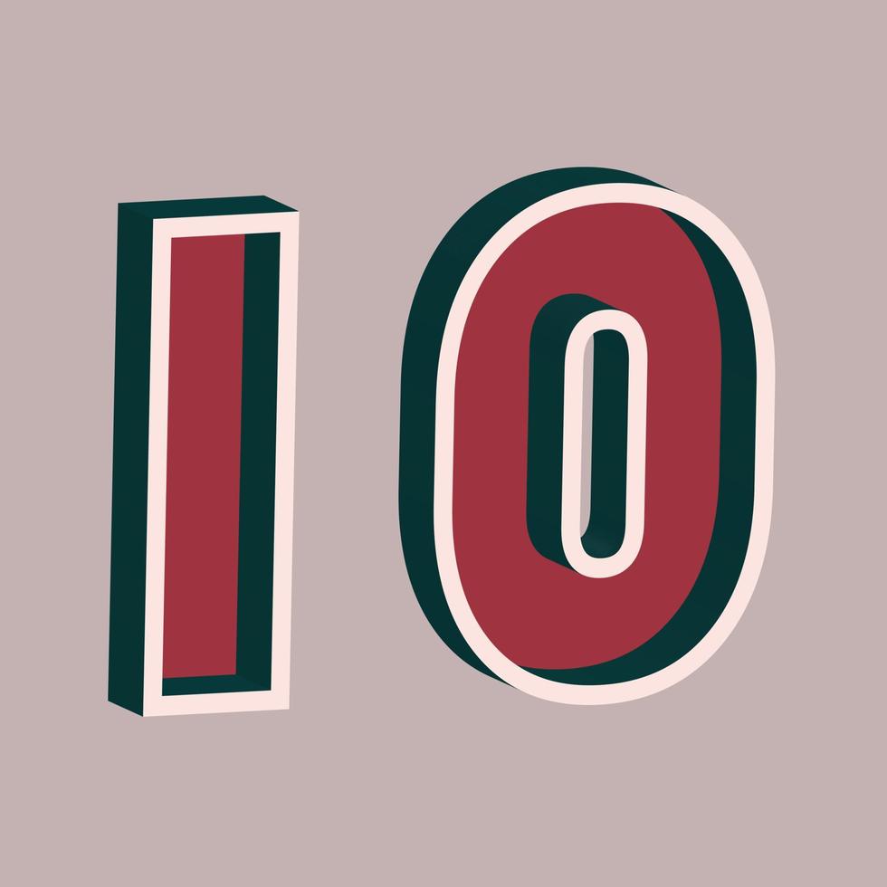 Vector number 10 with 3D effect in retro style. Well red and Deep Teal colors