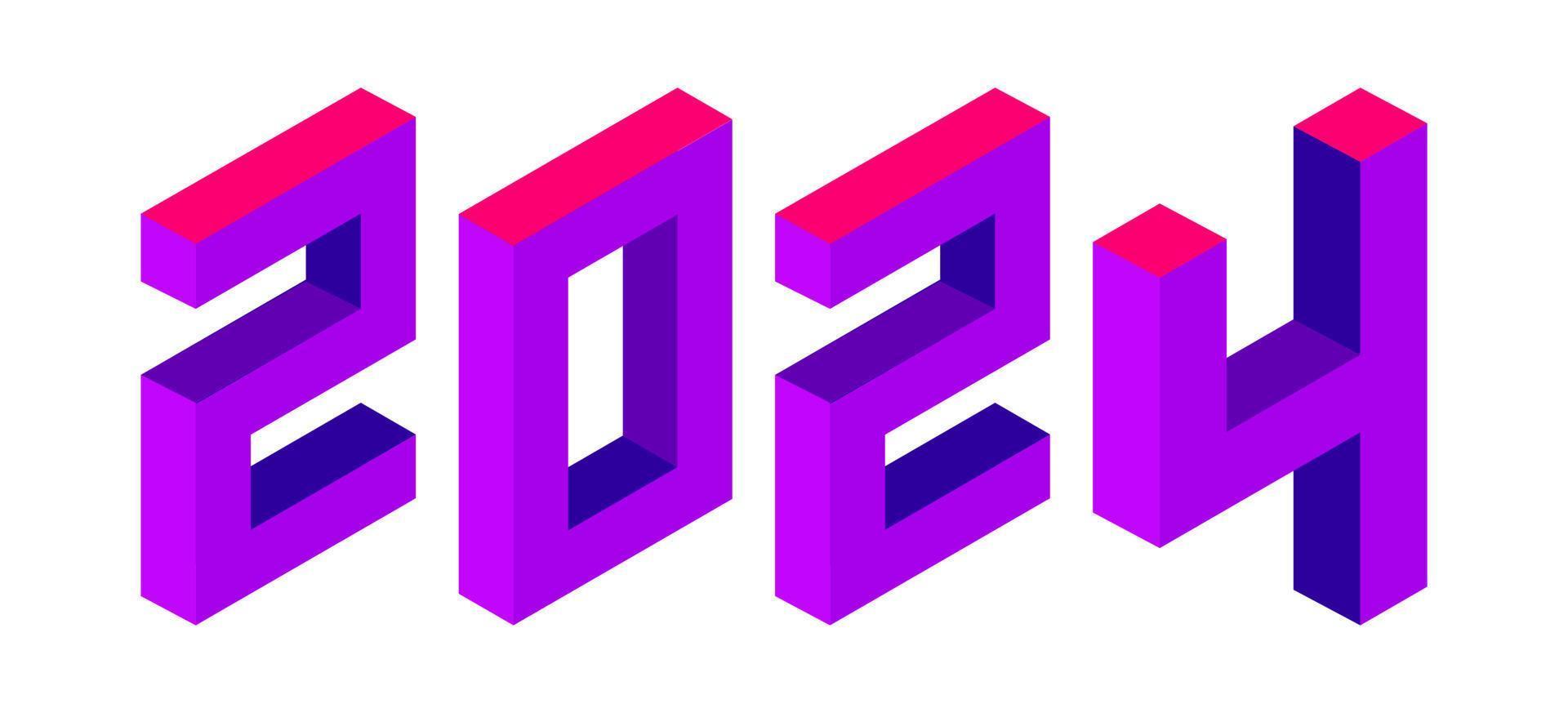 New Year 2024 purple color design on white. Isometric style. 3D image vector