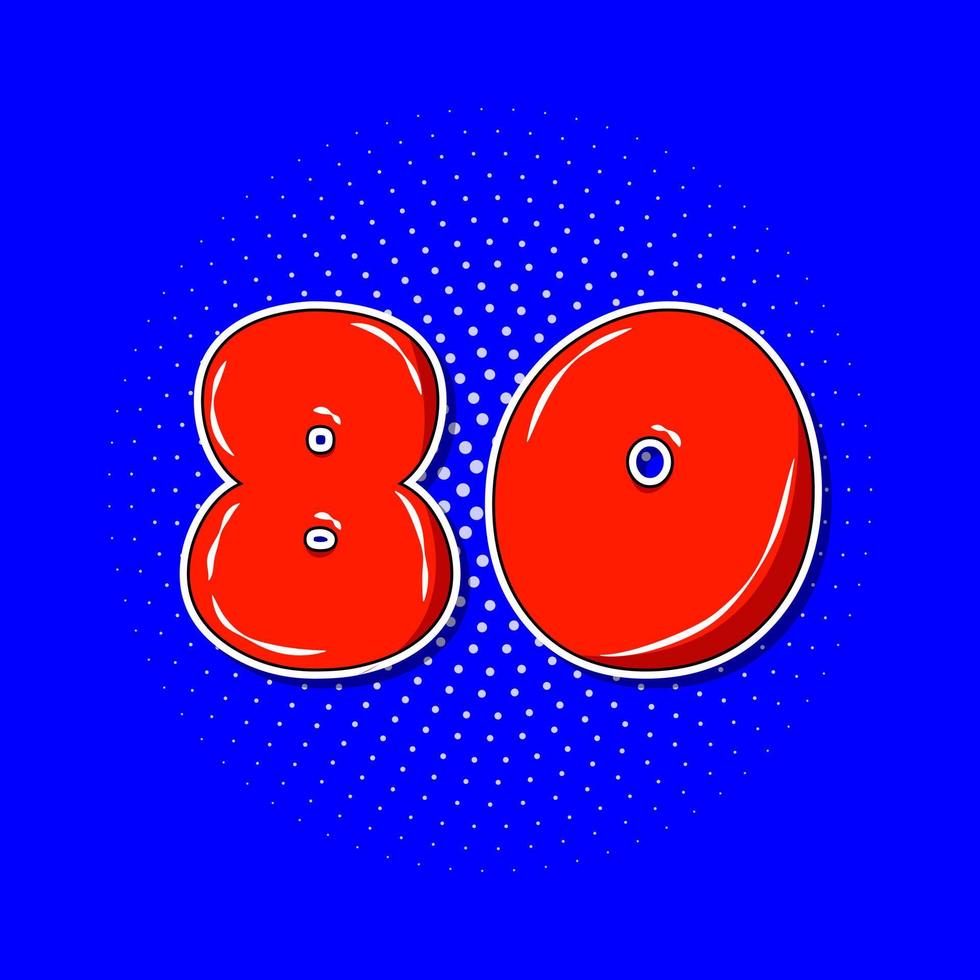 Pop art red number 80 over blue dotted background. vector