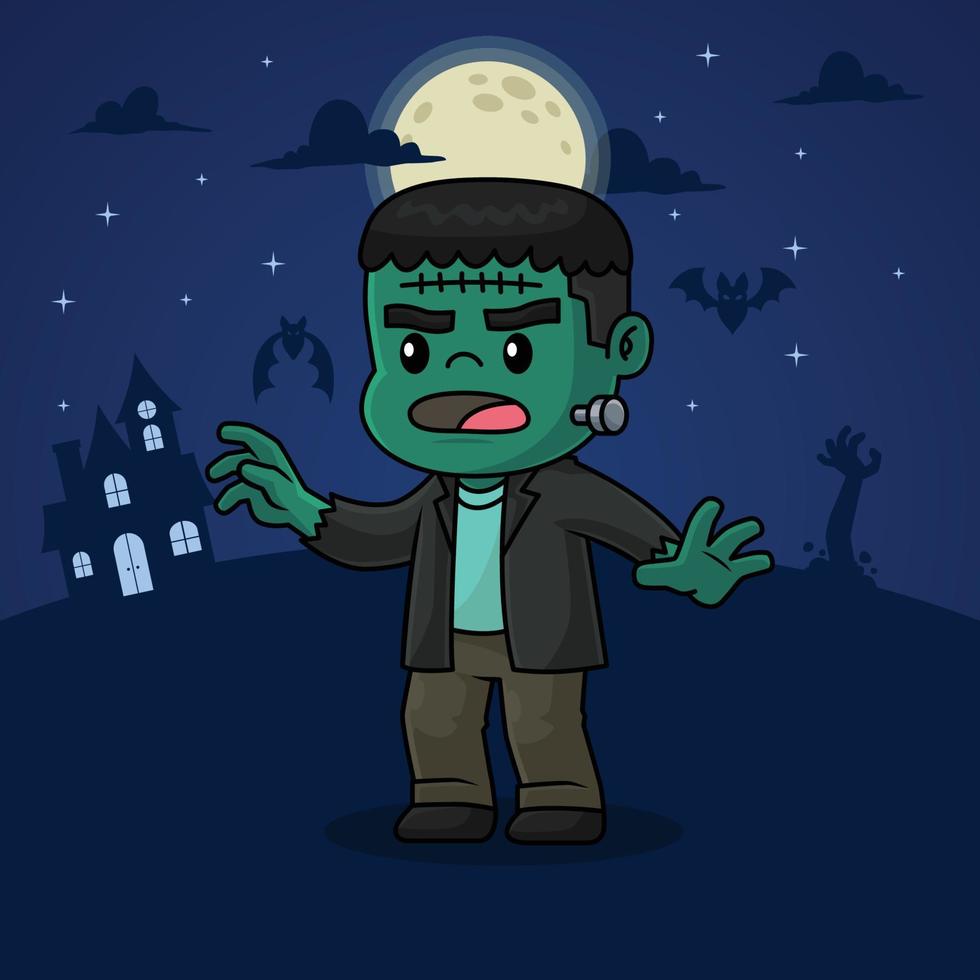 asustadizo lindo frankenstein caminando en la noche de halloween de luna llena en la casa espeluznante vector