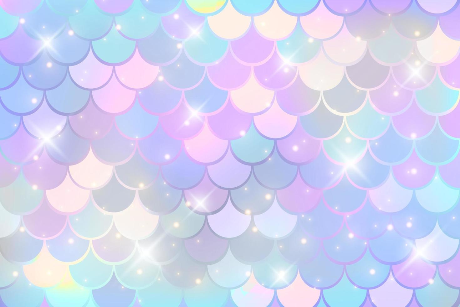 Mermaid holographic background with scale and stars. Iridescent glitter fish tail pattern. Kawaii vector texture.