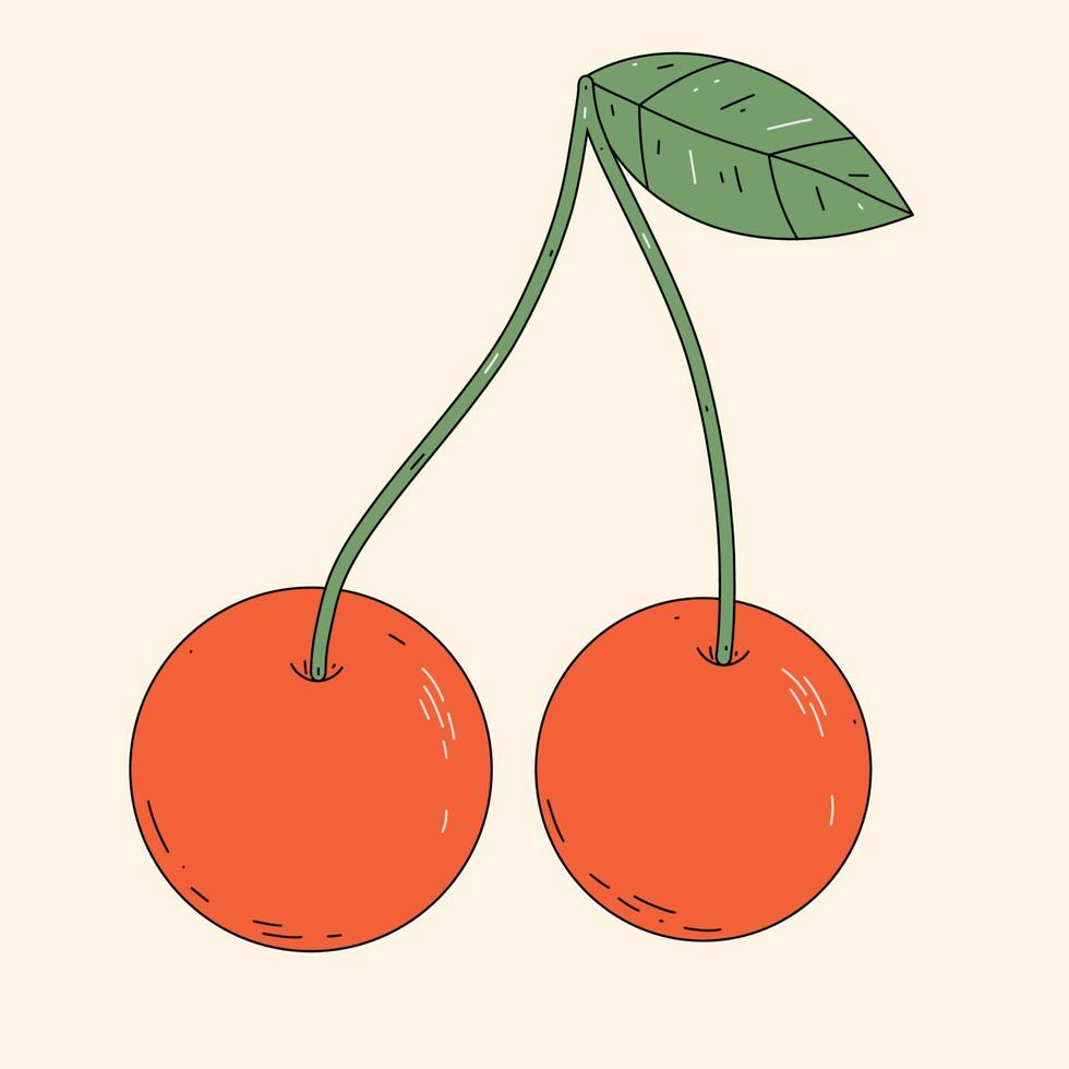 Cartoon cherry with leaf. Isolated vector illustration