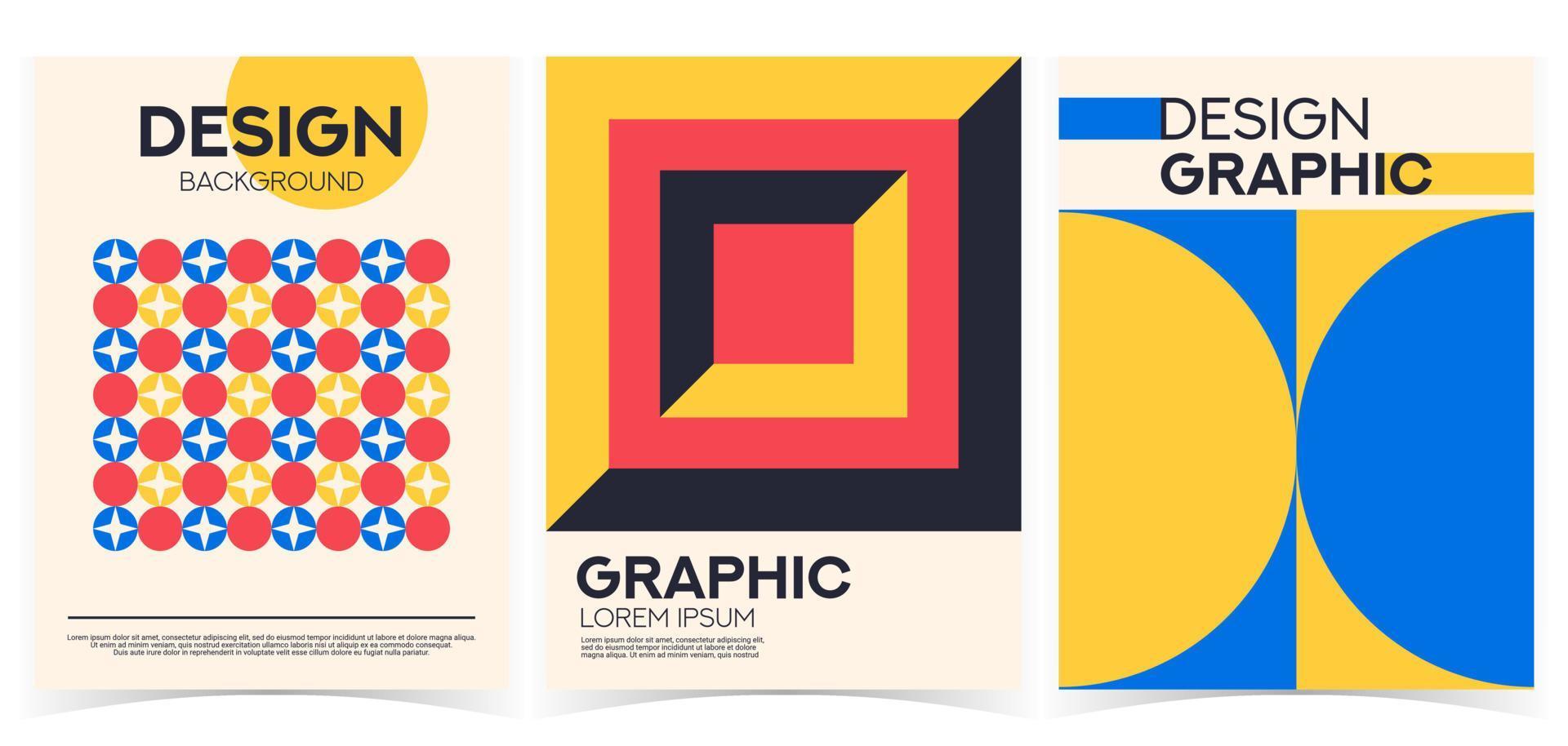 Abstract geometric circles, triangles and squares, Bauhaus Retro Shapes Background. Set of 3 simple minimal vector illustration flat style. Suitable for poster, cover, ads, social banner, or flyer