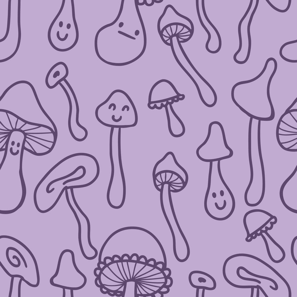 Seventies style agaric mushrooms doodle seamless pattern. vector