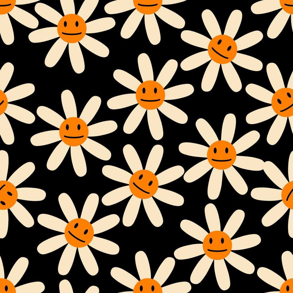 Groovy camomile flowers with smiling faces seamless pattern. vector