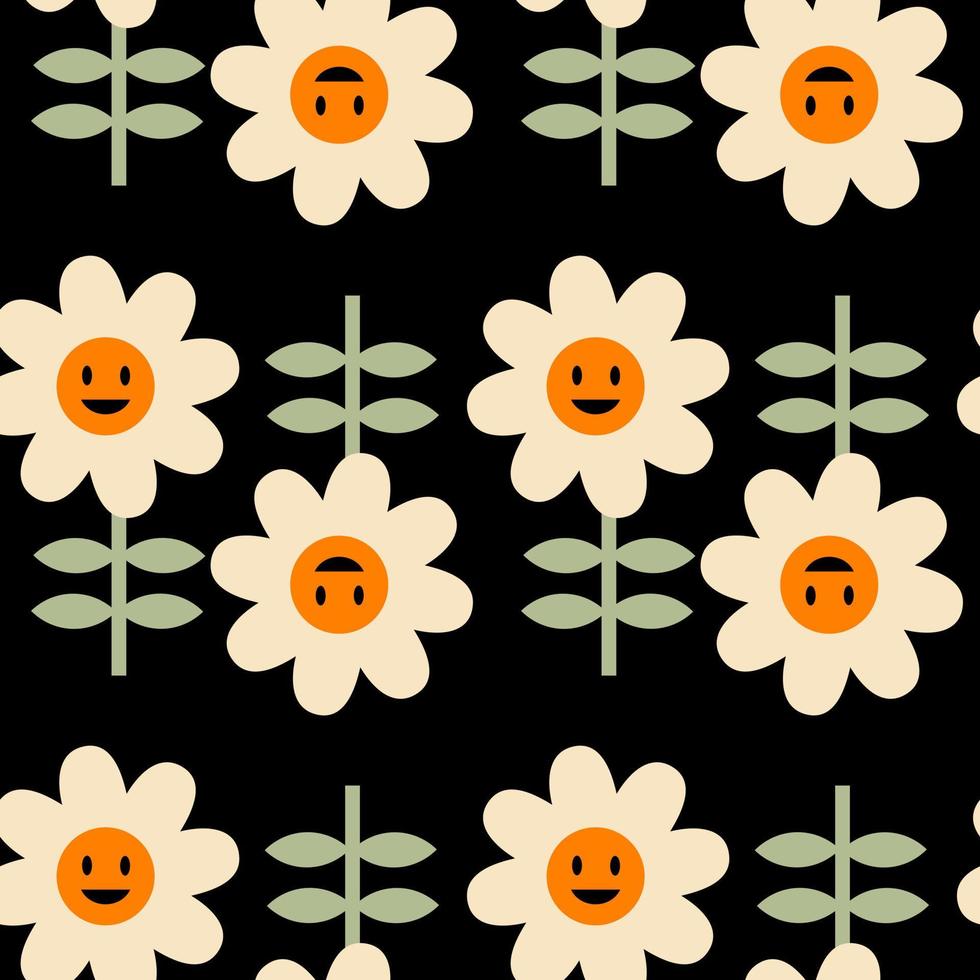 Vintage daisy flowers with smiling faces seamless pattern. vector