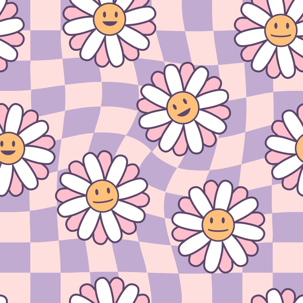 Vintage seamless pattern with smiling daisy flowers on trippy grid background. vector
