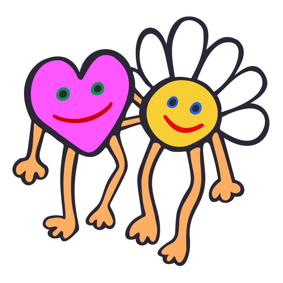 corazón y flor de manzanilla caminando juntos y abrazándose. ilustración aislada de fideos vectoriales. vector
