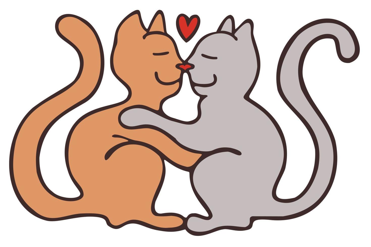 Two cats in love hug doodle icon. Cute pets vector art on white