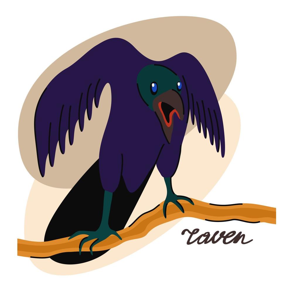 Raven on the branch. Vector isolated illustration.