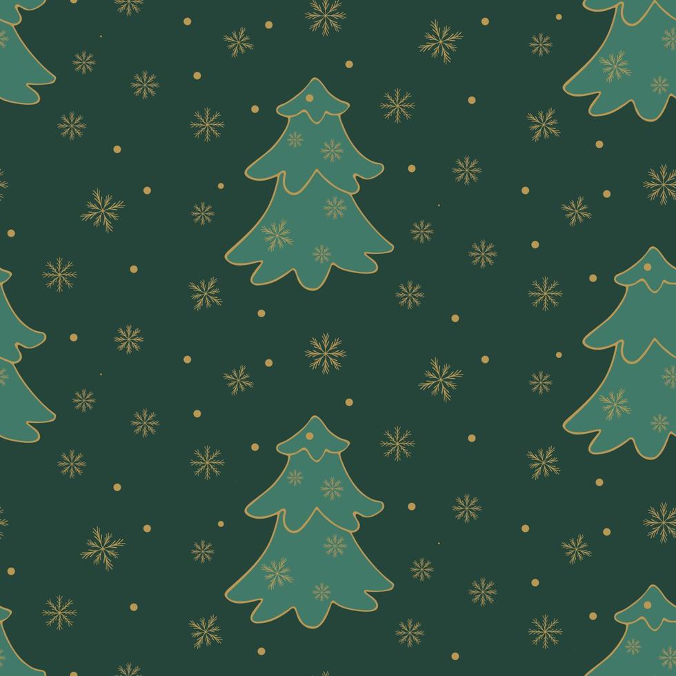 patrón vectorial sin costuras de árboles de navidad y copos de nieve sobre un fondo oscuro vector