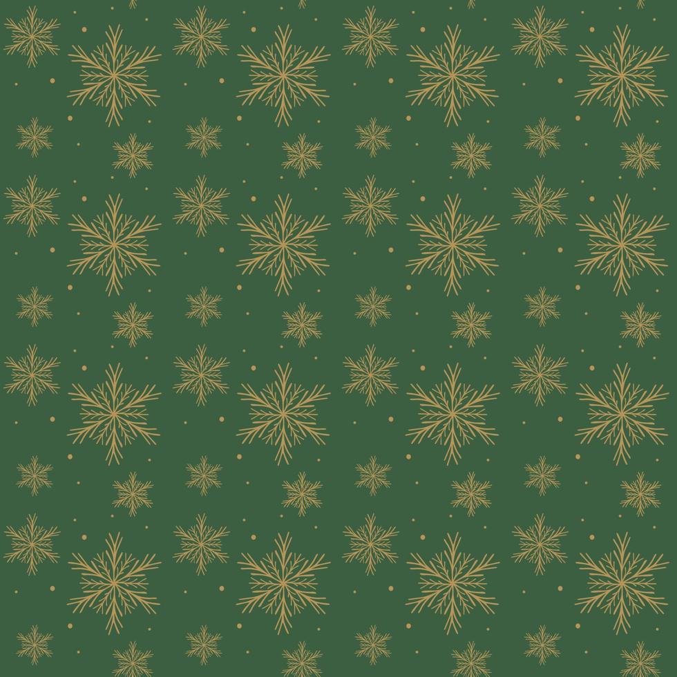 Vector seamless pattern with golden snowflakes on a green background