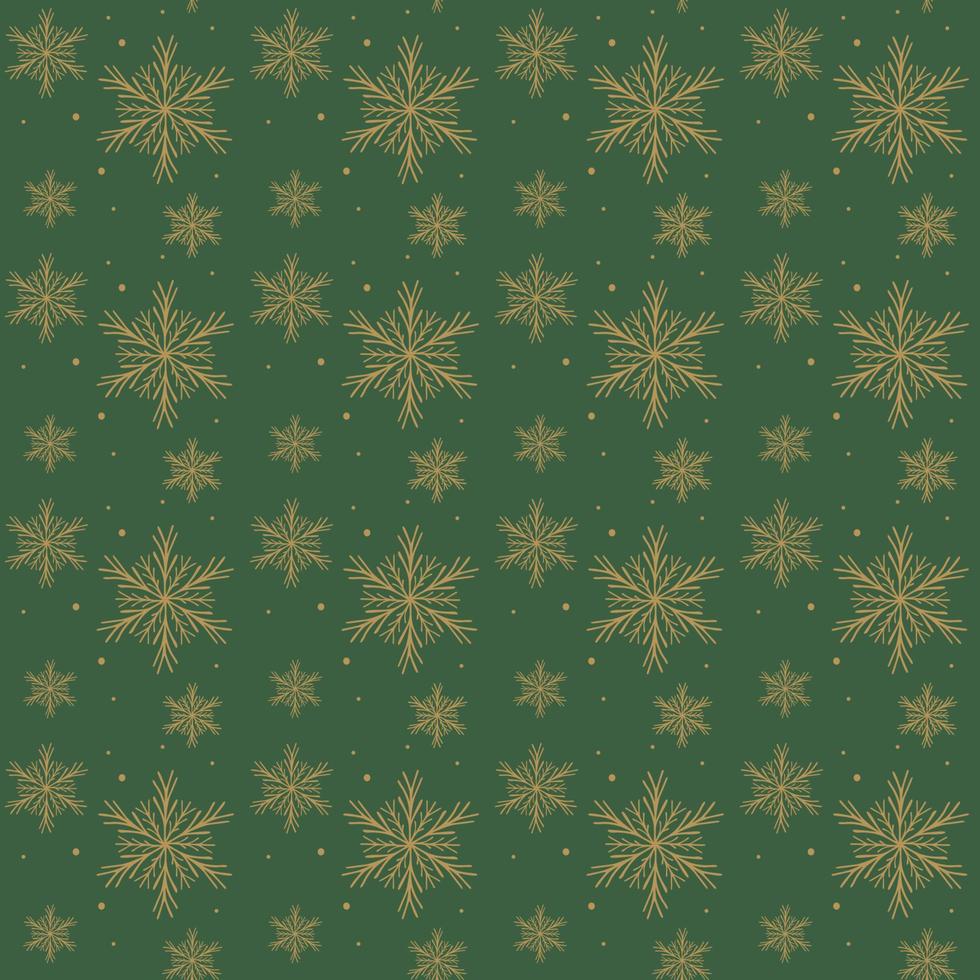 Vector seamless pattern with golden snowflakes on a green background