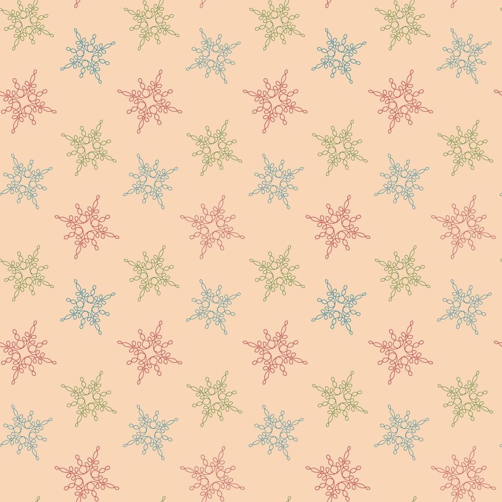 Seamless vector pattern colored snowflakes in line art style on a light background