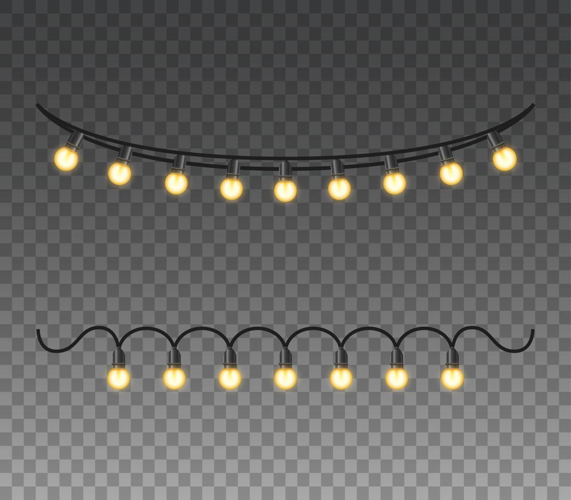 Christmas lights isolated realistic design elements. Glowing lights for christmas Holiday greeting card design. Garlands, Christmas decorations vector