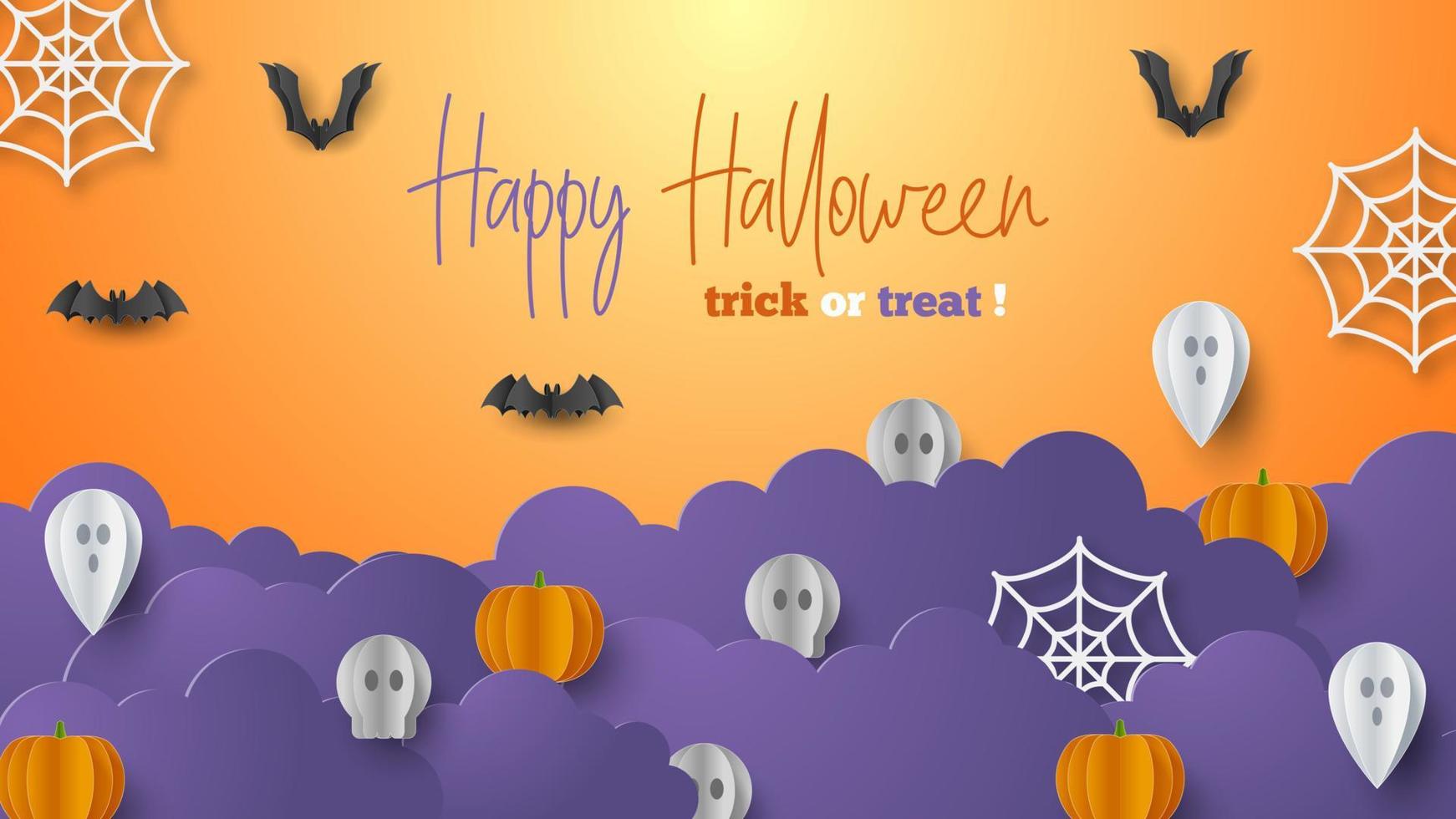 Happy Halloween banner background with clouds and pumpkins in paper cut style. Full moon in the sky, spiders web, skull, ghost and flying bats. Vector Illustration