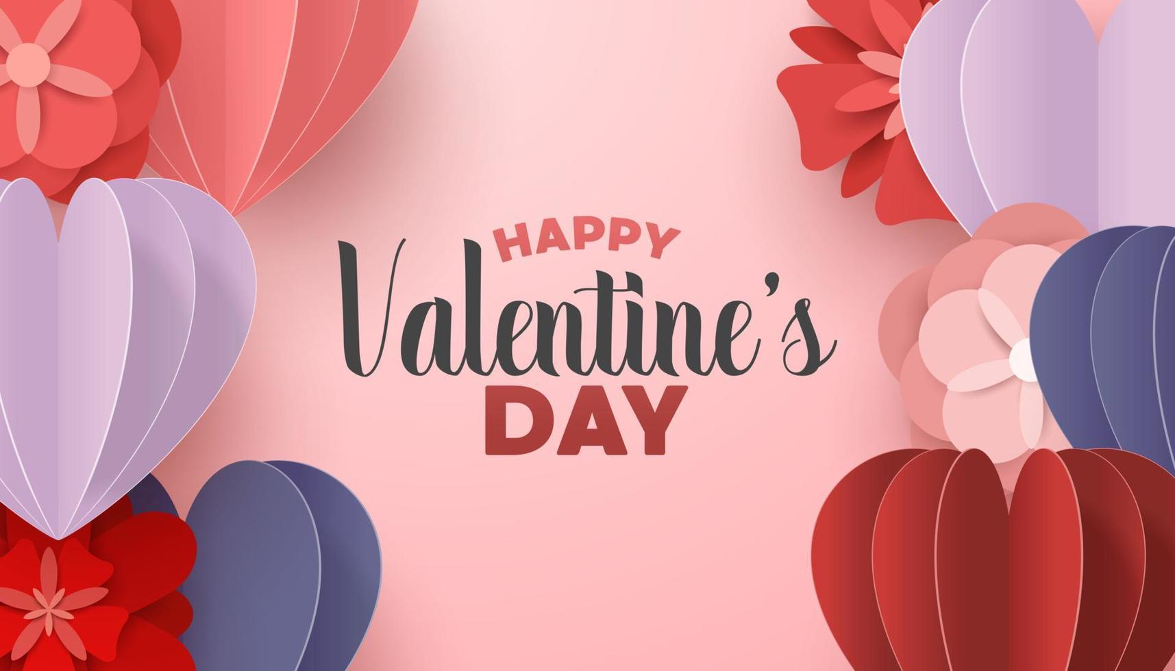 Happy valentines day paper cut style with colorful heart shape in pink background vector