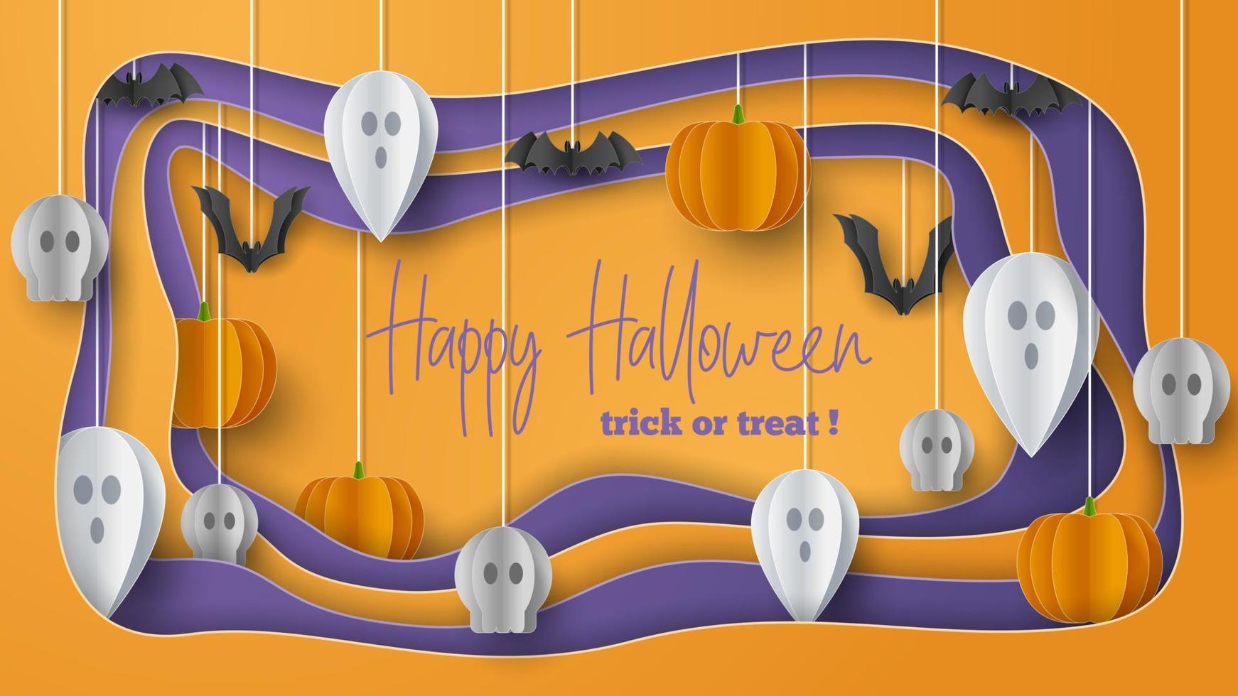 Happy Halloween banner greeting card background in paper cut style. Vector Illustration