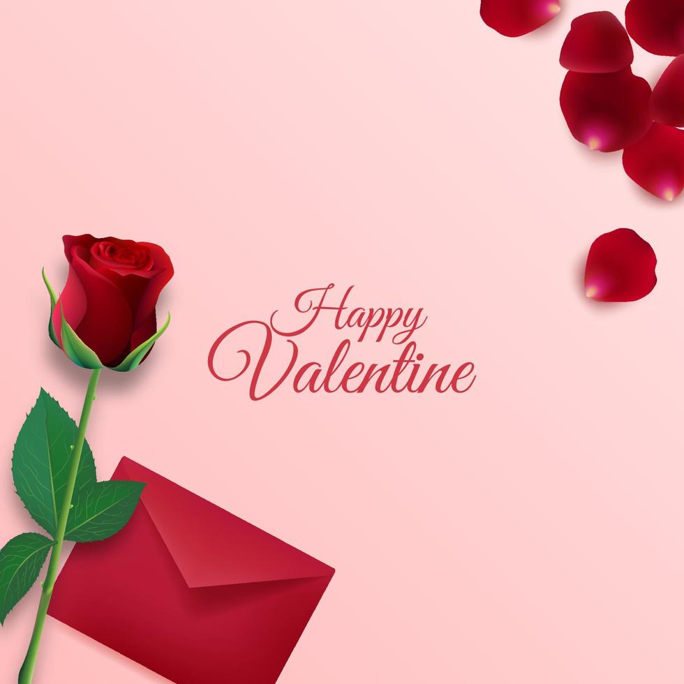 Happy Valentines Day background with envelope and rose flower petals decorations on pink background vector