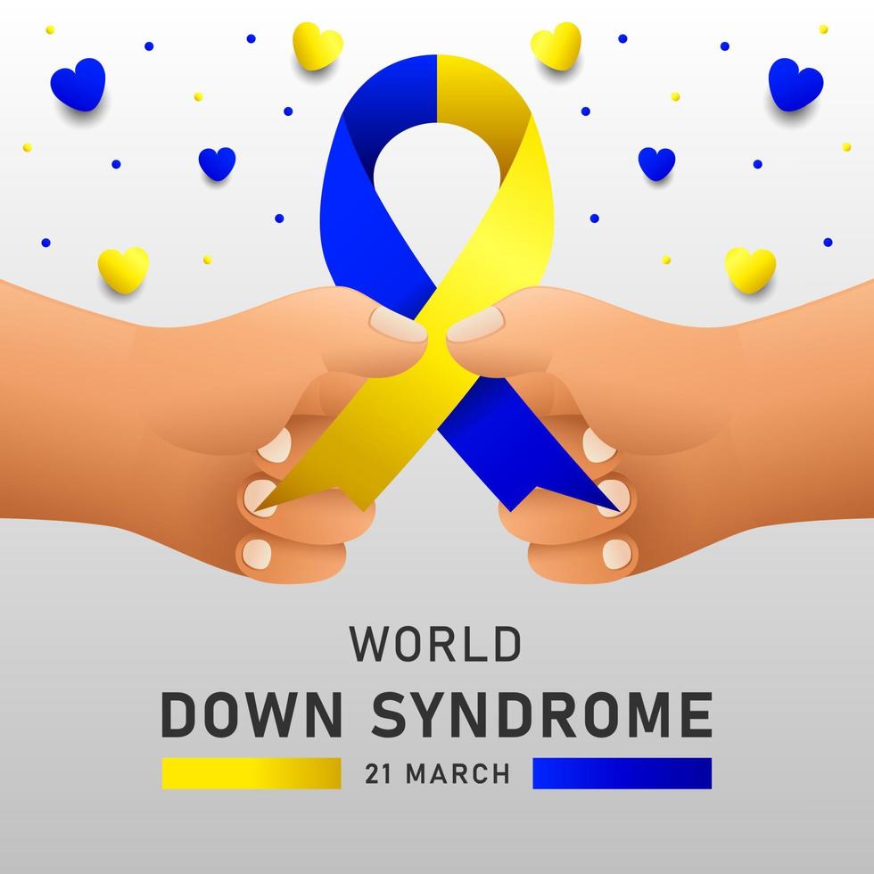 Afiche vectorial del día mundial del síndrome de down con cinta azul y amarilla. cartel social 21 de marzo día mundial del síndrome de down. vector