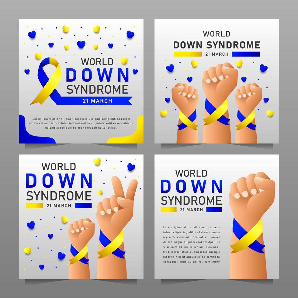 Afiche vectorial del día mundial del síndrome de down con cinta azul y amarilla. cartel social 21 de marzo día mundial del síndrome de down. vector