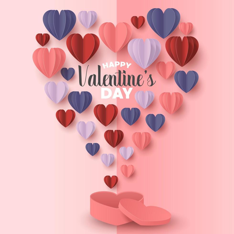 Happy valentines day paper cut style with colorful heart shape in pink background vector