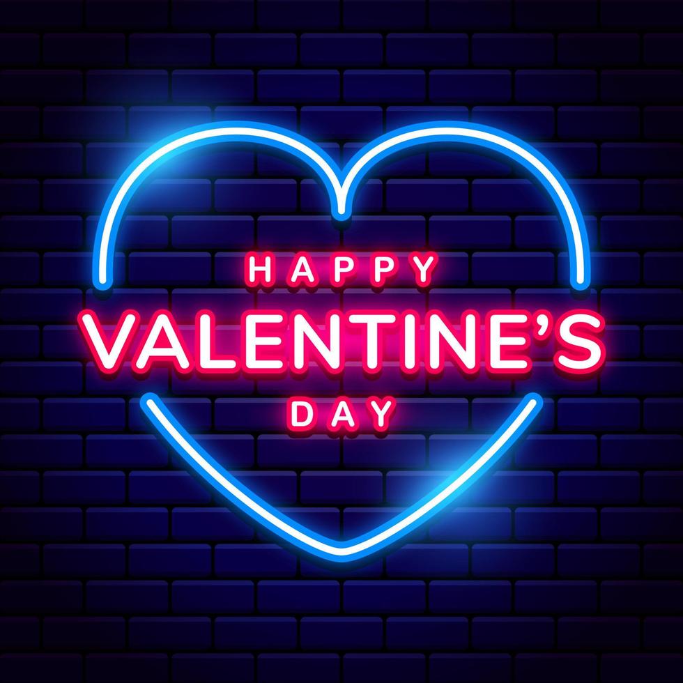 Happy Valentine's Day background with bright pink vector neon heart on red brick walls