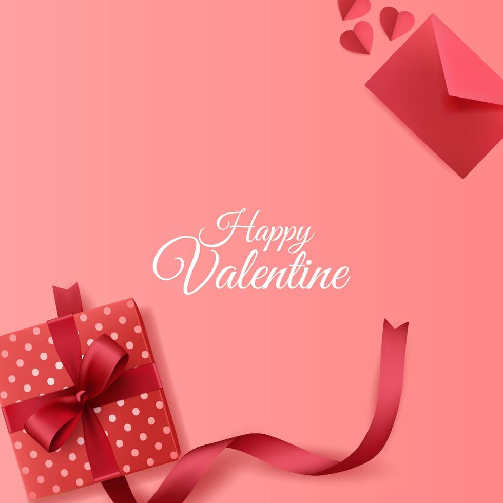 fondo de feliz día de san valentín con decoraciones de sobre y caja de regalo sobre fondo rosa vector