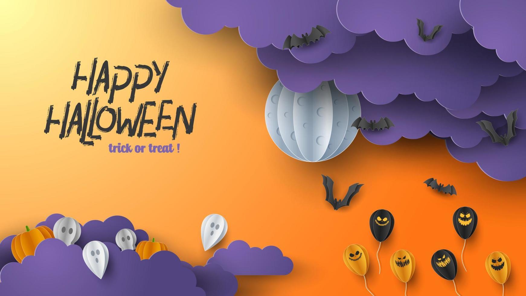 Happy Halloween banner background with clouds and pumpkins in paper cut style. Full moon in the sky, spiders web, skull, ghost and flying bats. Vector Illustration