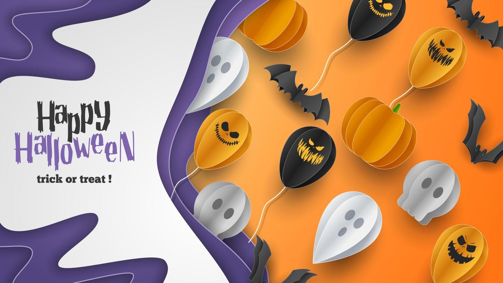 Happy Halloween banner greeting card background in paper cut style. Vector Illustration
