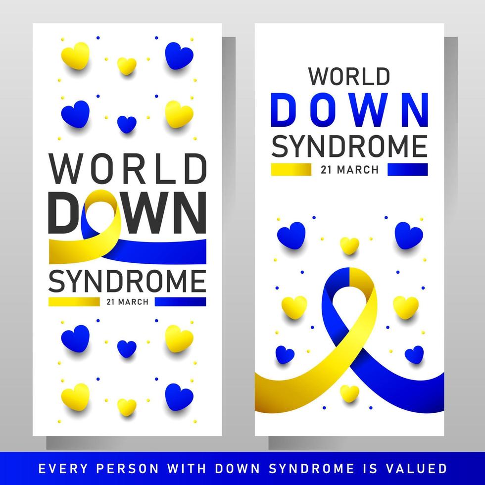 Afiche vectorial del día mundial del síndrome de down con cinta azul y amarilla. cartel social 21 de marzo día mundial del síndrome de down. vector