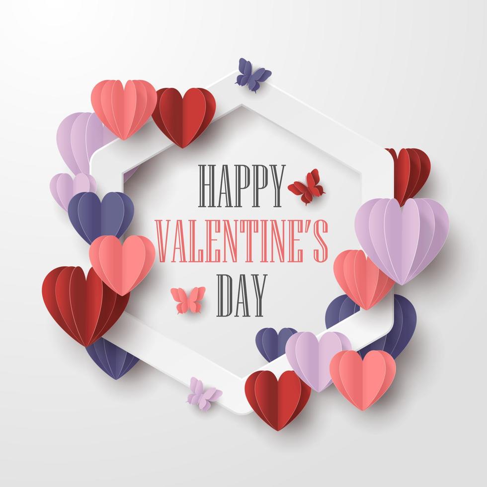 Happy valentines day paper cut style with colorful heart shape and white frame in white background vector