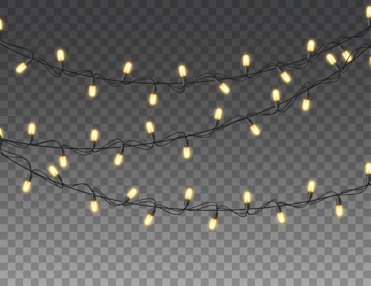 Christmas lights isolated realistic design elements. Glowing lights for christmas Holiday greeting card design. Garlands, Christmas decorations vector