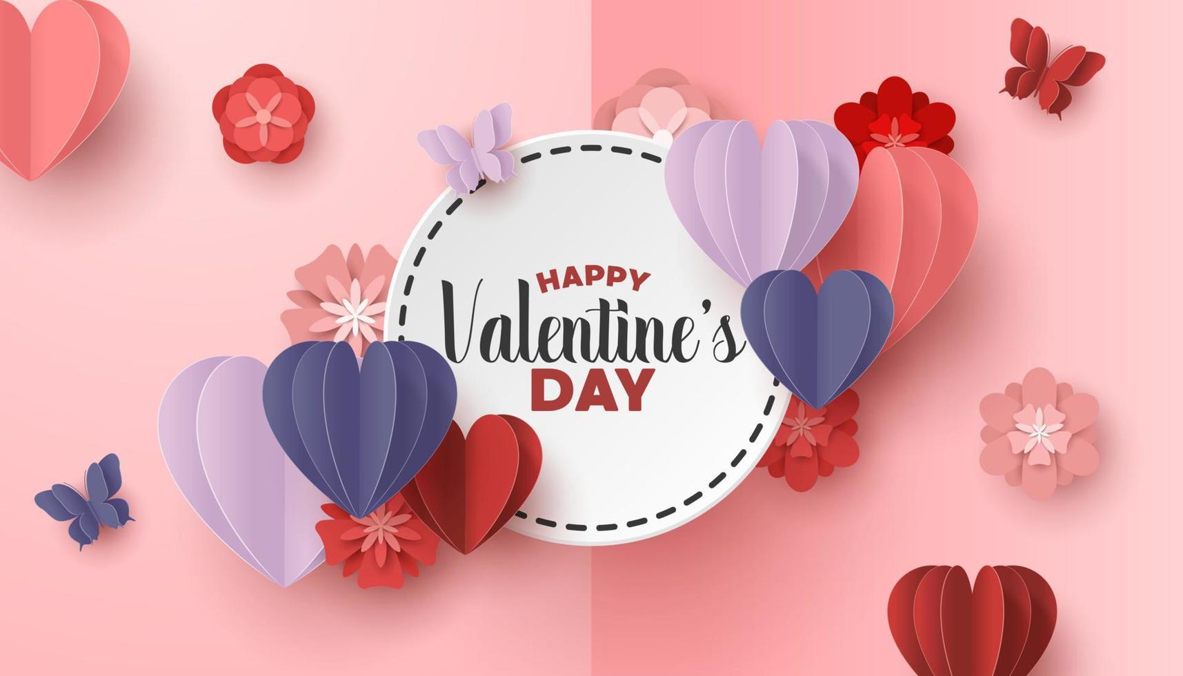 Happy valentines day paper cut style with colorful heart shape in pink background vector