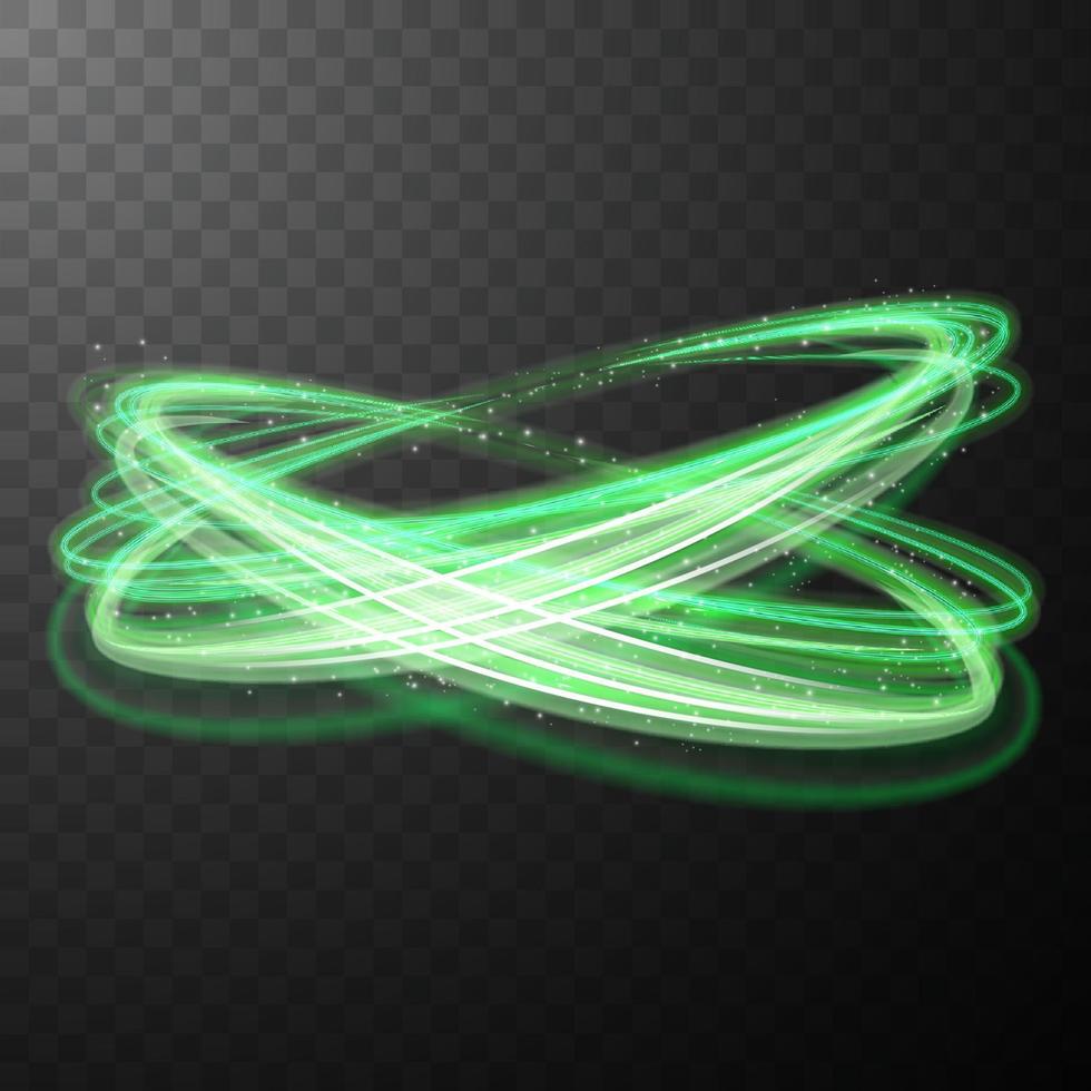 Green glowing shiny spiral lines abstract light speed and shiny wavy trail vector