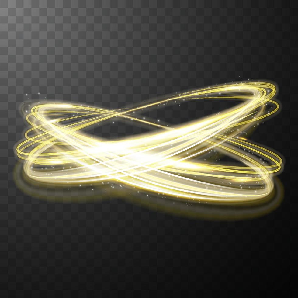 líneas espirales brillantes amarillas, velocidad de luz abstracta y rastro ondulado brillante vector
