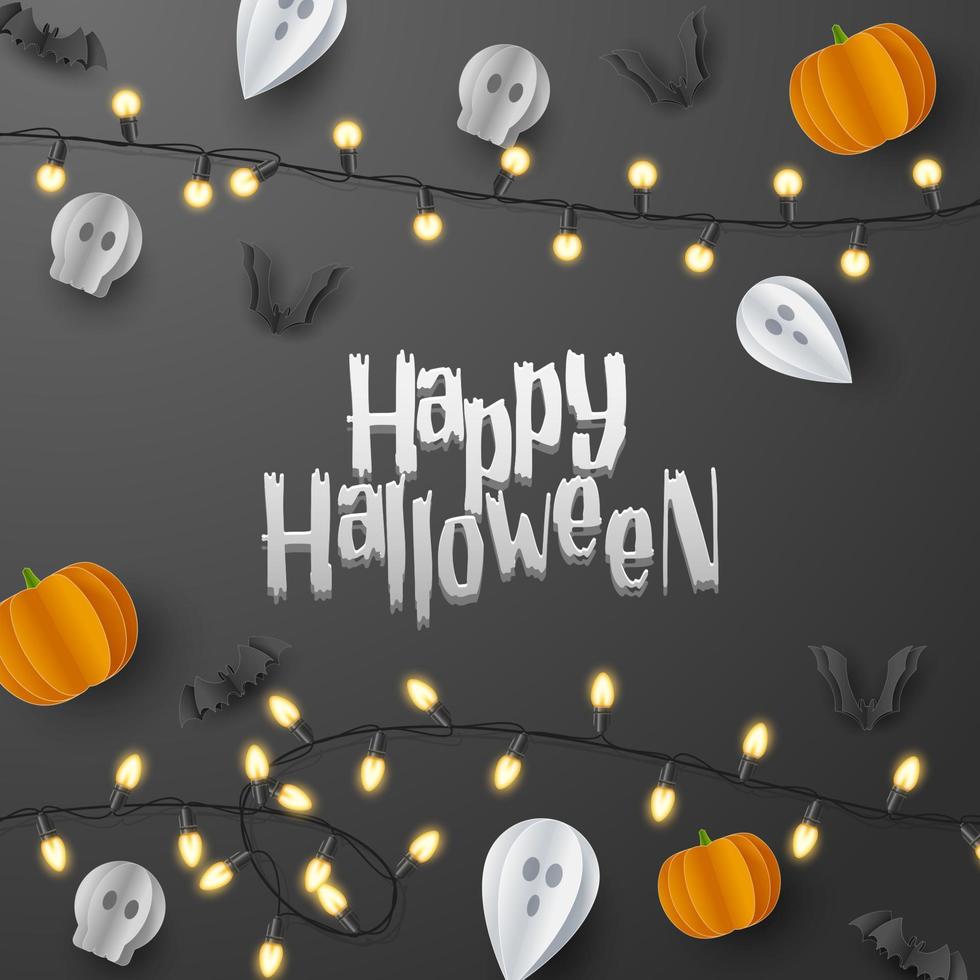 Happy Halloween banner greeting card background in paper cut style. Vector Illustration