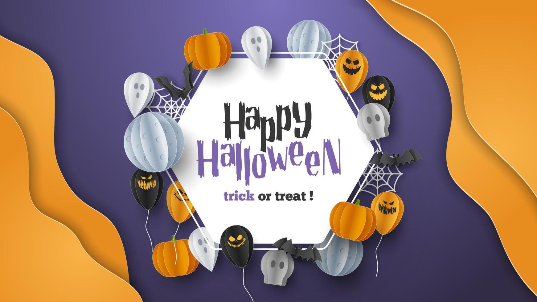 Happy Halloween banner background with clouds and pumpkins in paper cut style. Full moon in the sky, spiders web, skull, ghost and flying bats. Vector Illustration