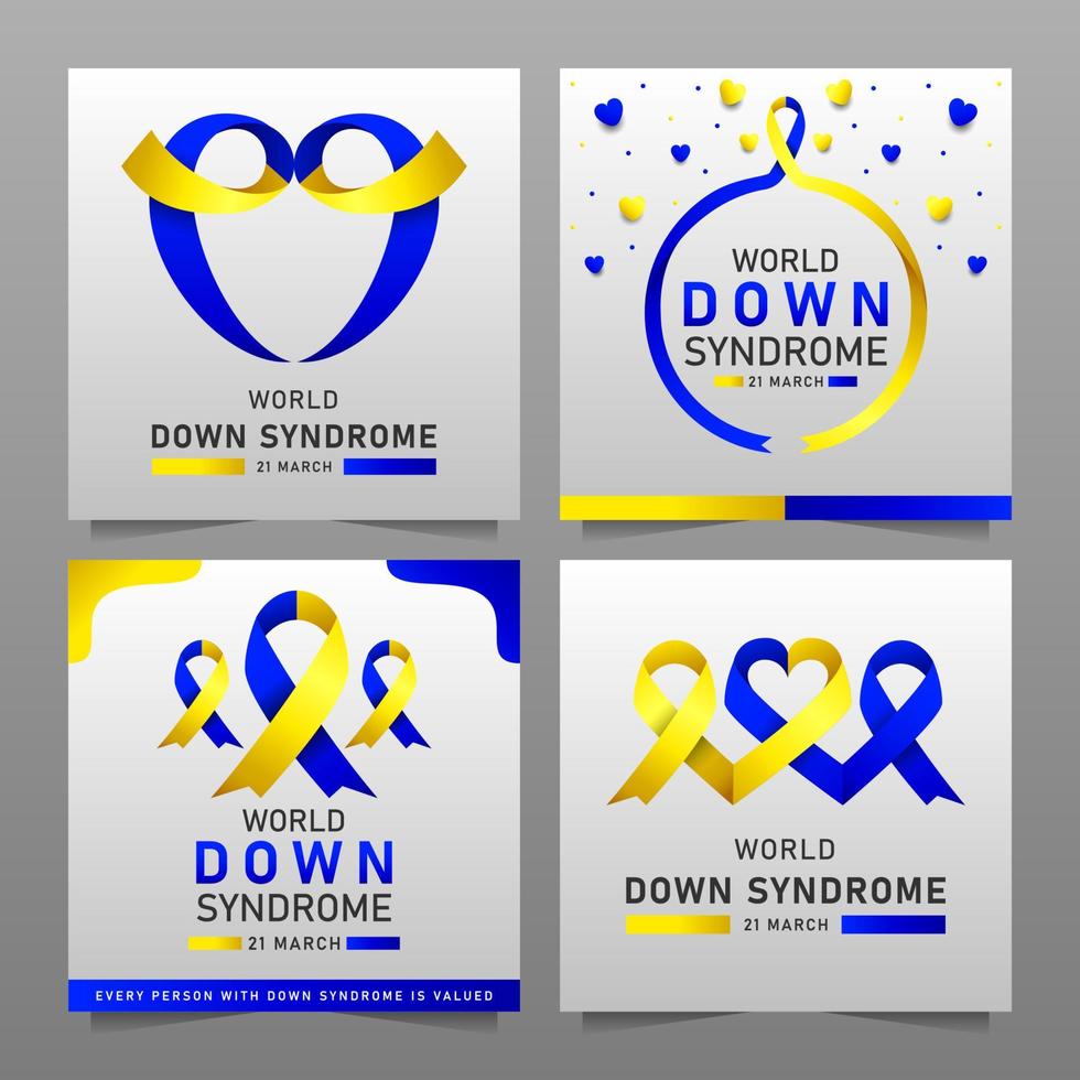 Afiche vectorial del día mundial del síndrome de down con cinta azul y amarilla. cartel social 21 de marzo día mundial del síndrome de down. vector