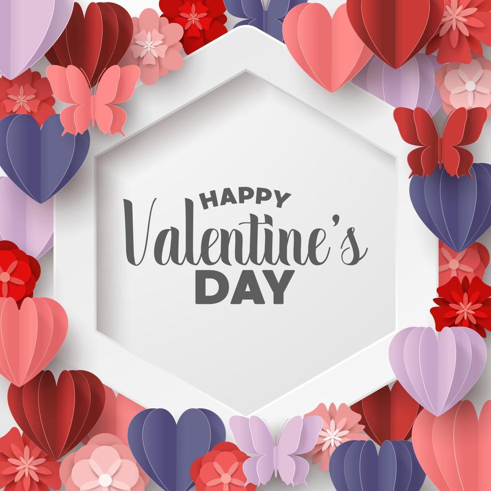 Happy valentines day paper cut style with colorful heart shape in pink background vector