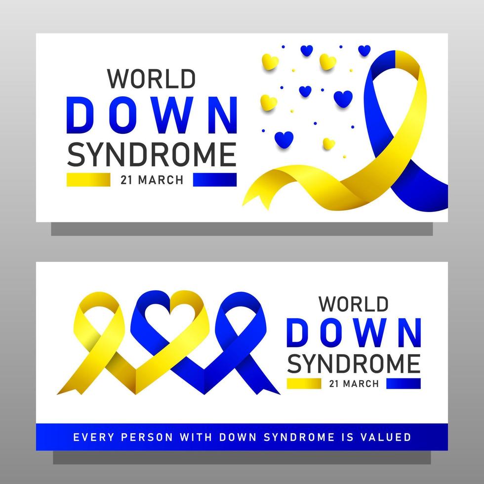 Afiche vectorial del día mundial del síndrome de down con cinta azul y amarilla. cartel social 21 de marzo día mundial del síndrome de down. vector