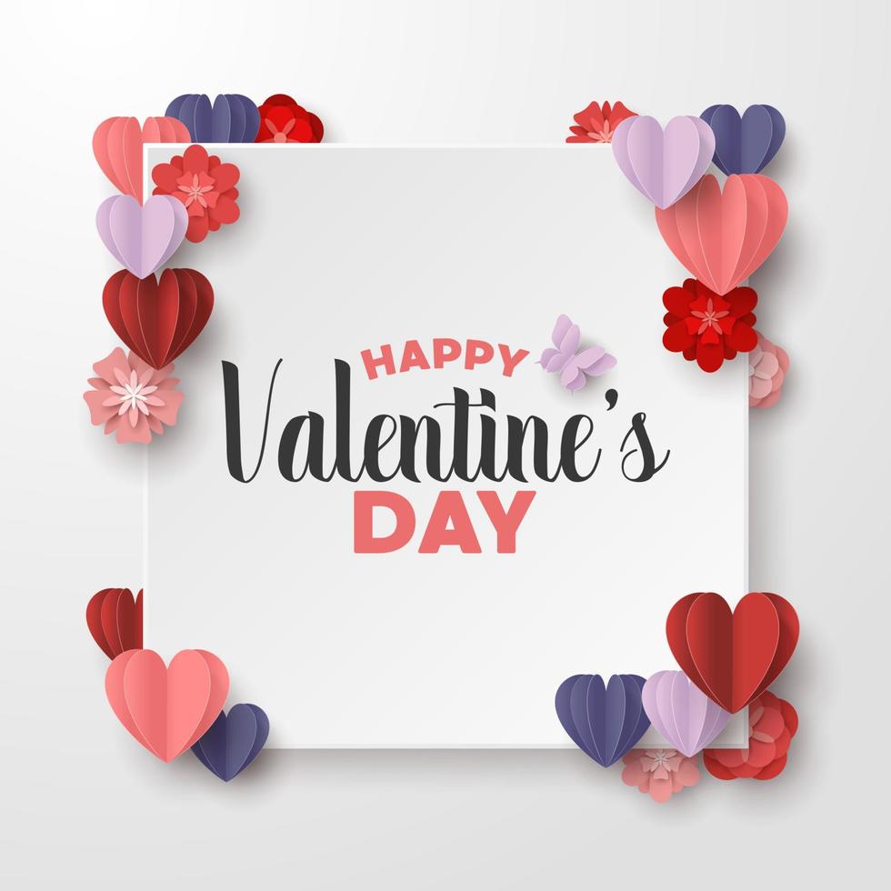 feliz día de san valentín estilo de corte de papel con forma de corazón colorido y marco blanco en fondo blanco vector