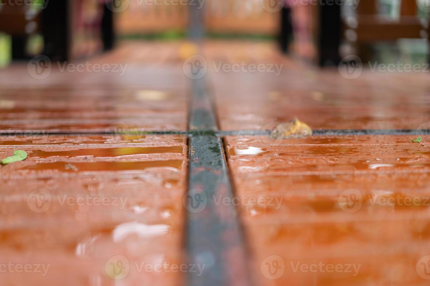 close up the Wet wood floor with falled leaves at outdoor field after the rain comes. photo