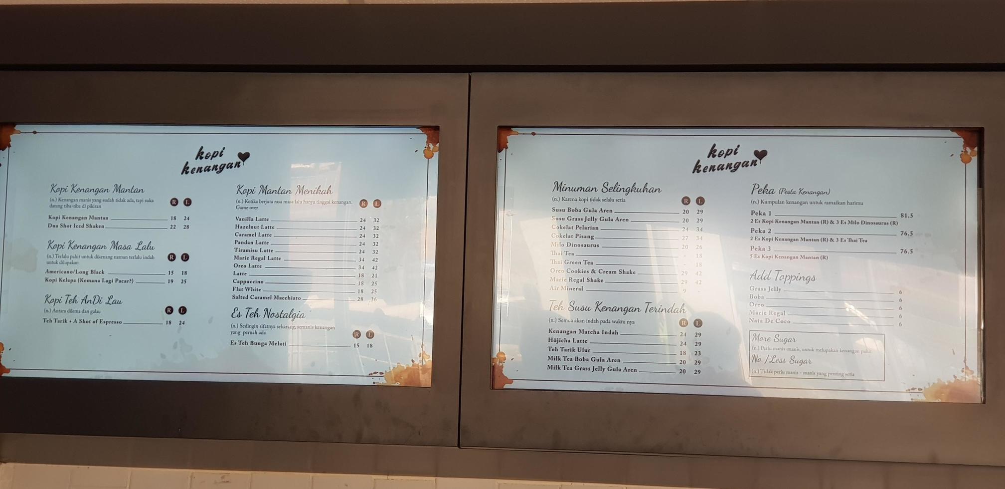 Jakarta, Indonesia in April 2022. Menu from a cafe selling coffee and other beverages. Memories coffee is one of the most popular coffee shops in Indonesia photo