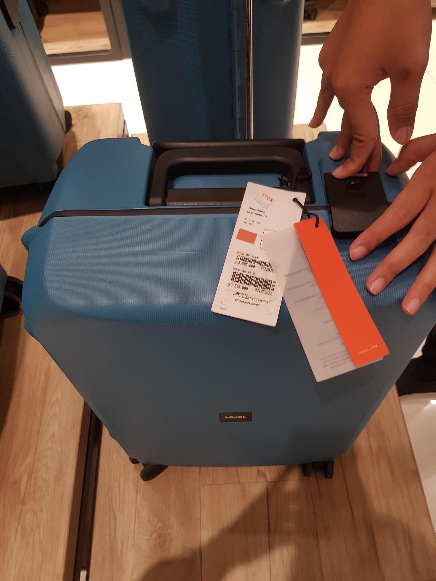Jakarta, Indonesia in April 2022. The price tag of a lojel suitcase